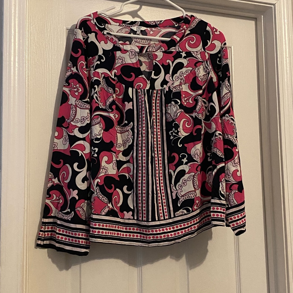 crown & ivy Pink Black and White Printed Long Sleeve Blouse